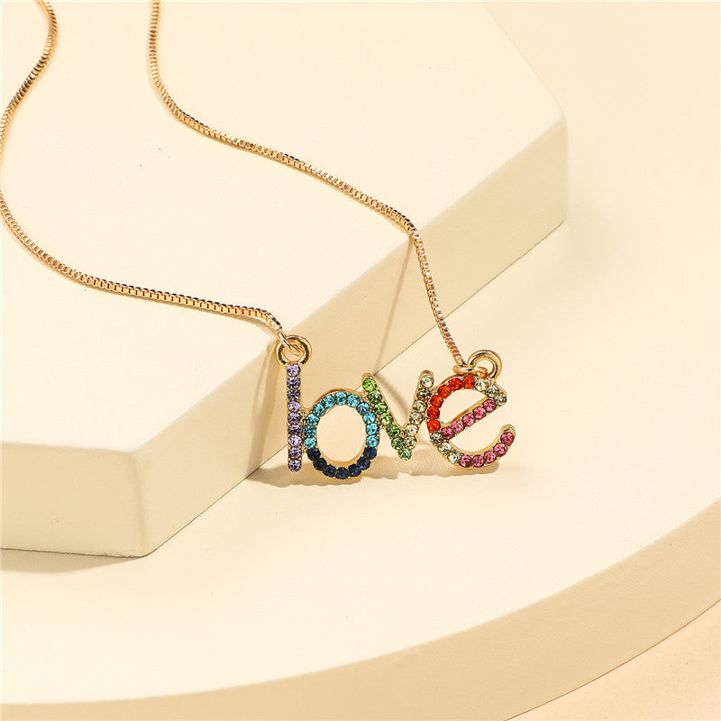 Cartoon Style Letter Shape Alloy Necklace with Rhinestone Inlay for Kids, Rainbow Colored Love Pendant on O-Chain