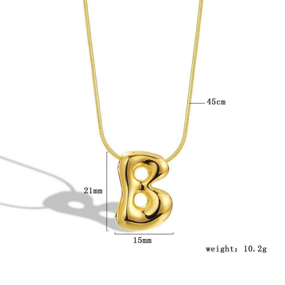 Luxury Balloon Bubble-Shaped Letter Necklace in Titanium Steel with Gold Plating, Snake Chain, Unisex Alphabet Pendant Jewelry
