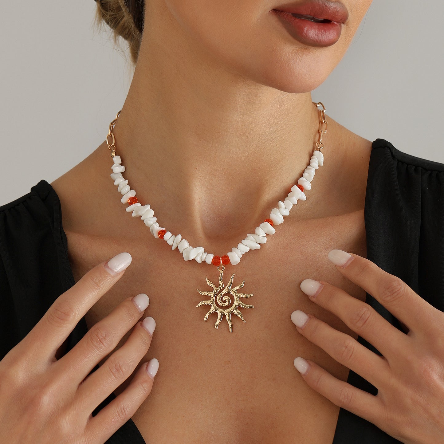 Bohemian Vintage Geometric Sunflower Plated Alloy Necklace with Irregular Gemstone Beads for Women