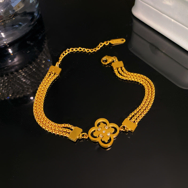 Sweet Minimalist Hollow Micro-Paved Cubic Zirconia Heart and Star Titanium Steel Plated Multi-Layer Chain Bracelet