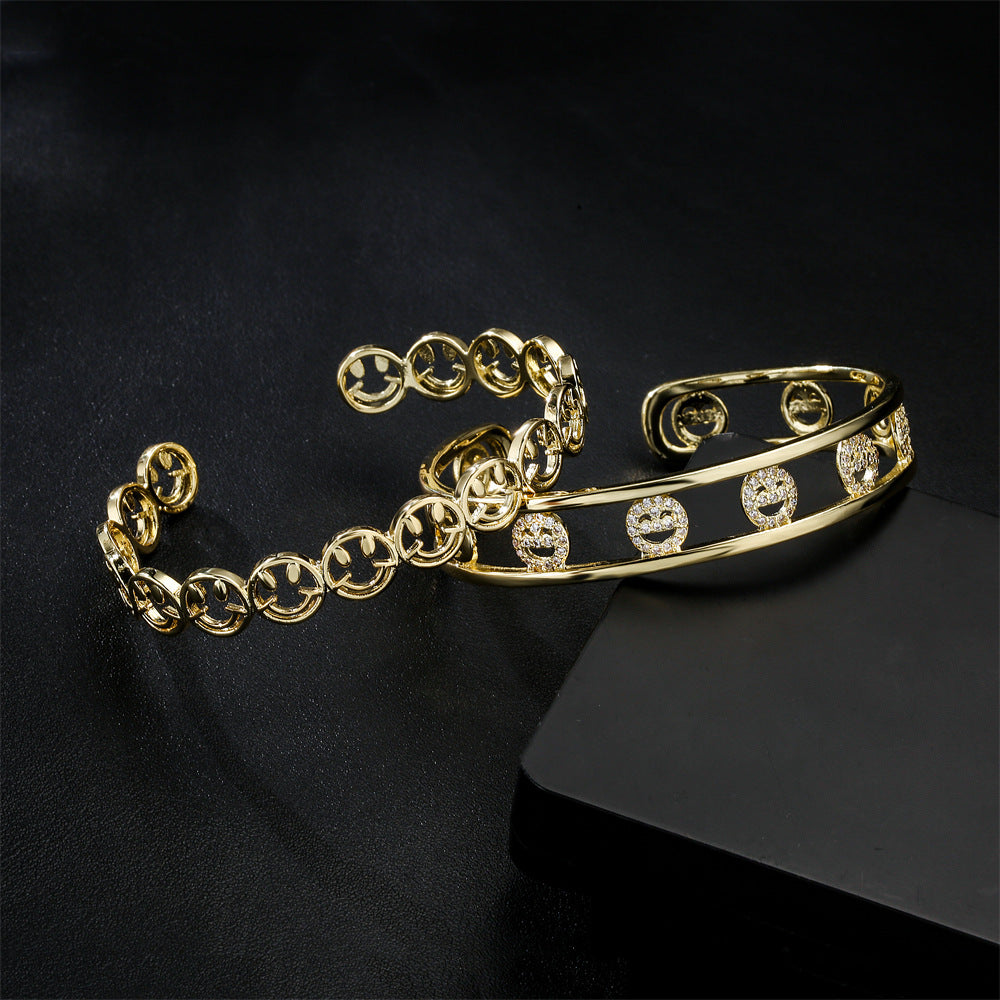 18K Gold Plated Brass Bangle with Micro-set Cubic Zirconia Hollow Design for Women