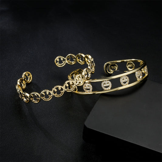 18K Gold Plated Brass Bangle with Micro-set Cubic Zirconia Hollow Design for Women