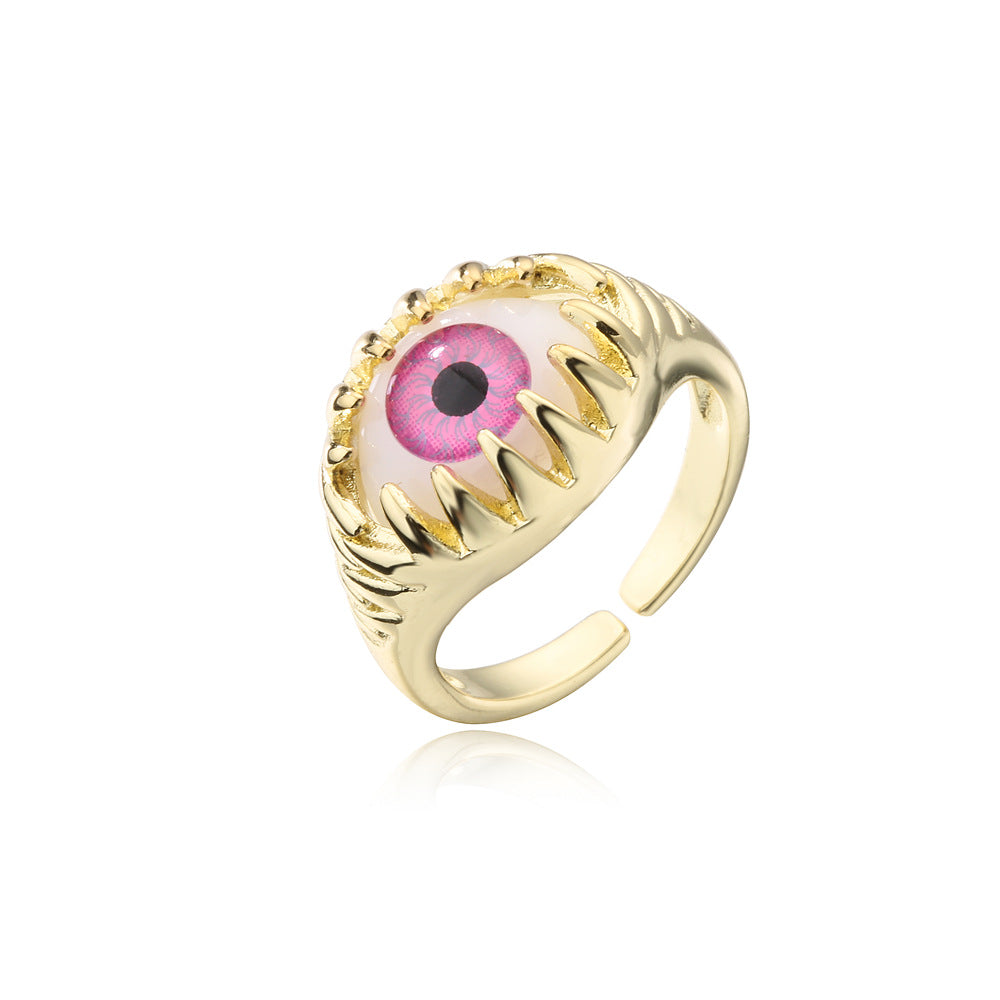 Geometric Micro-Inlay Gold Plated Brass Evil Eye Ring for Women