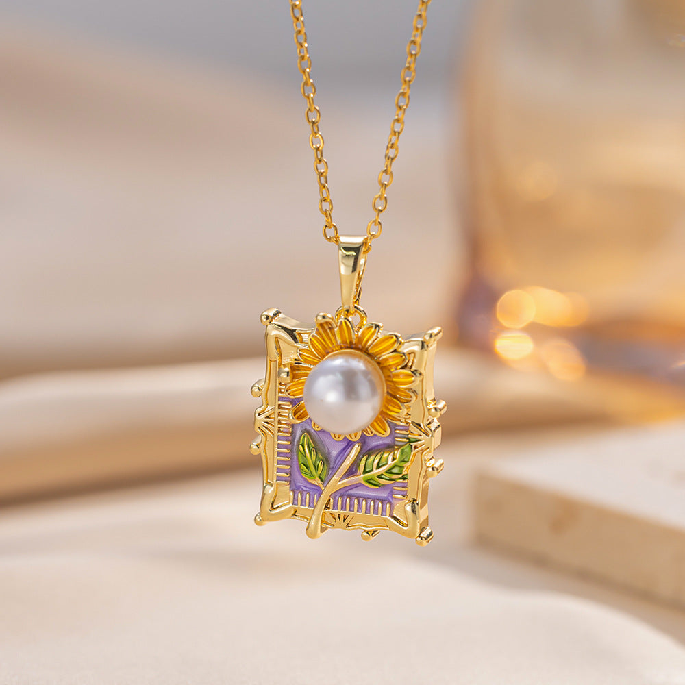 Elegant French Vintage Enamel Tulip Pendant Necklace in Titanium Steel with Gold Inlay on O-Chain for Women
