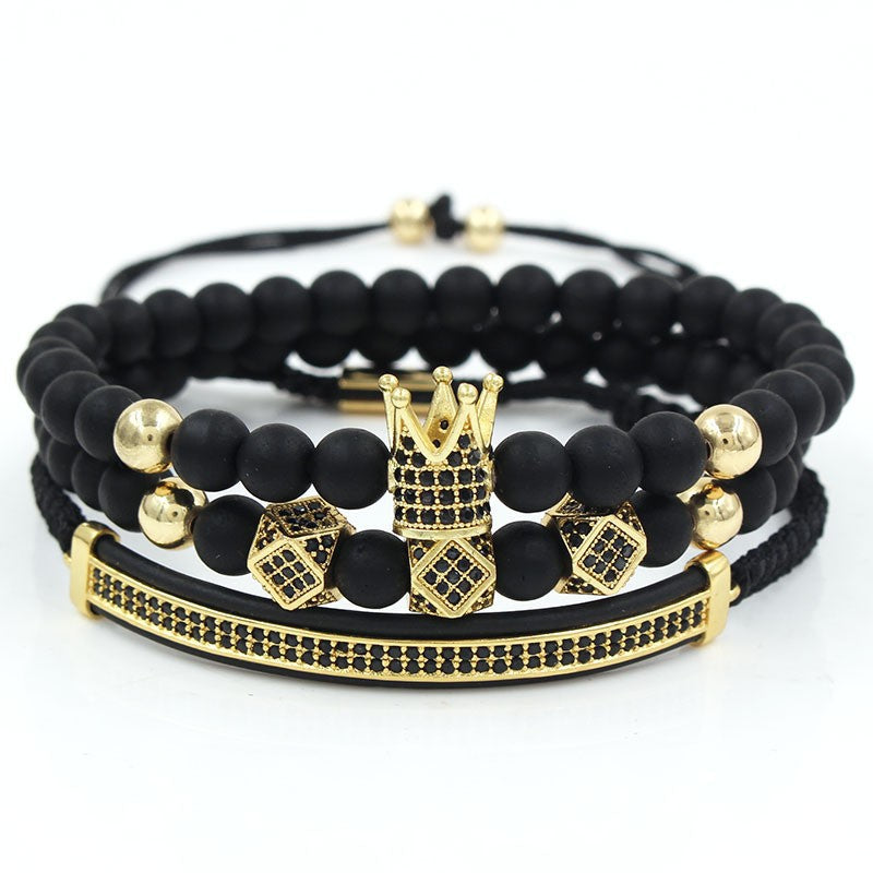 Set di bracciali a strati Punk Dark con ossidiana nera, occhio di Allah e ciondoli a forma di corona in zircone, unisex