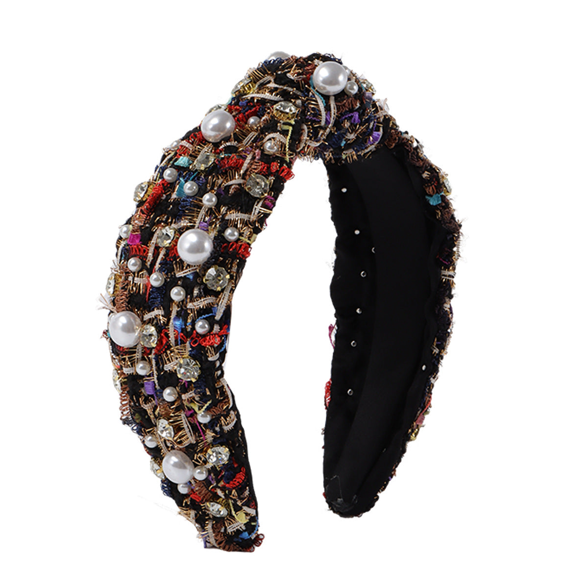 Cerchietto in Tessuto Dolce-Audace con Strass e Impreziosimenti in Perle Sintetiche, Design a Linee Geometriche, Fascia Larga con Nodo, Accessorio per Capelli da Donna