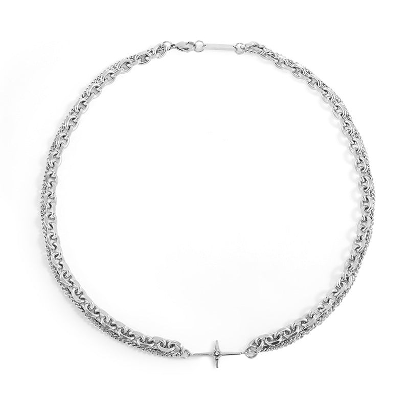 Collana minimalista con ciondolo a croce da uomo e donna con catena a serpente a doppio strato in acciaio inossidabile e ciondolo in acciaio al titanio