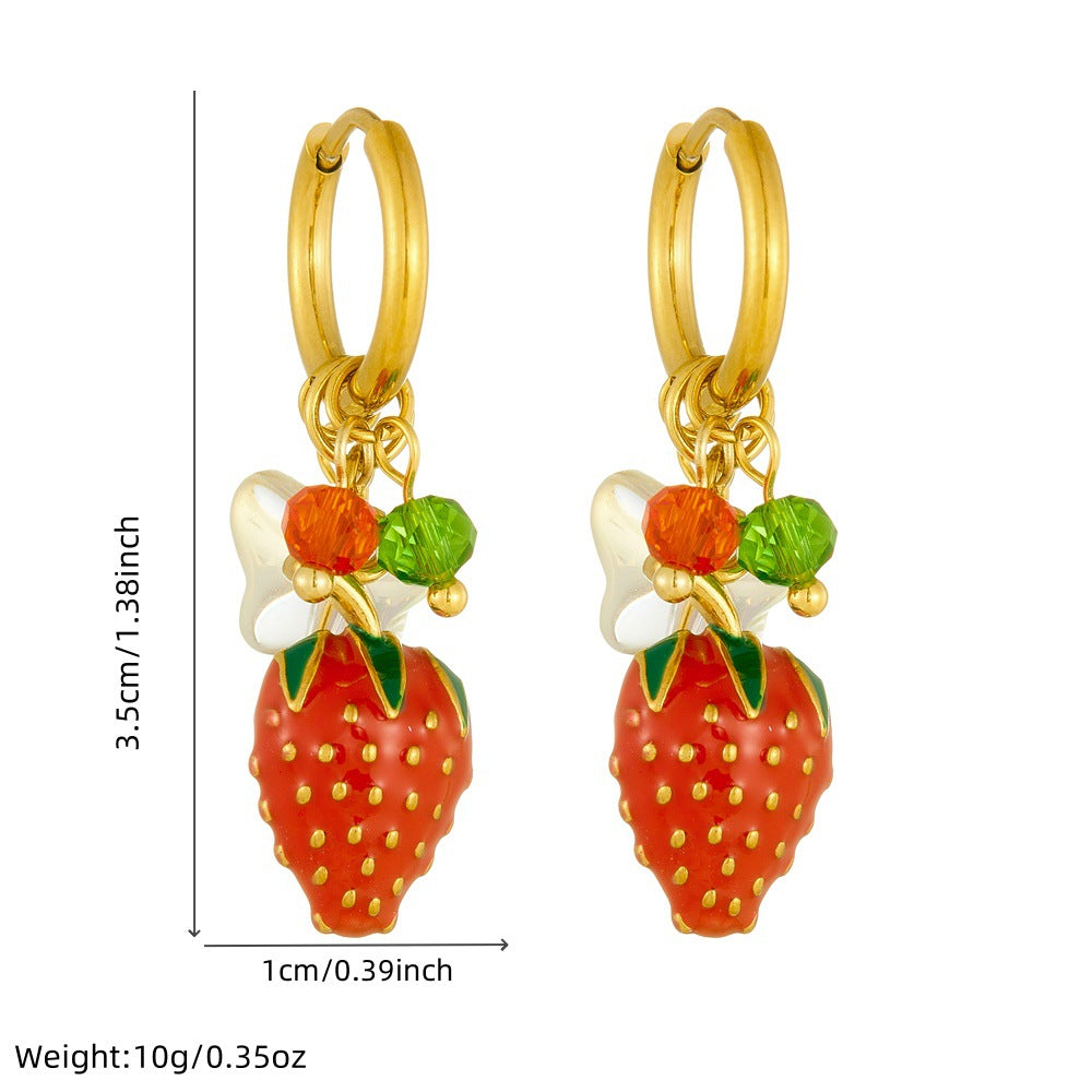 Sweet Gold Plated Drip Oil Stainless Steel Round Strawberry Drop Earrings