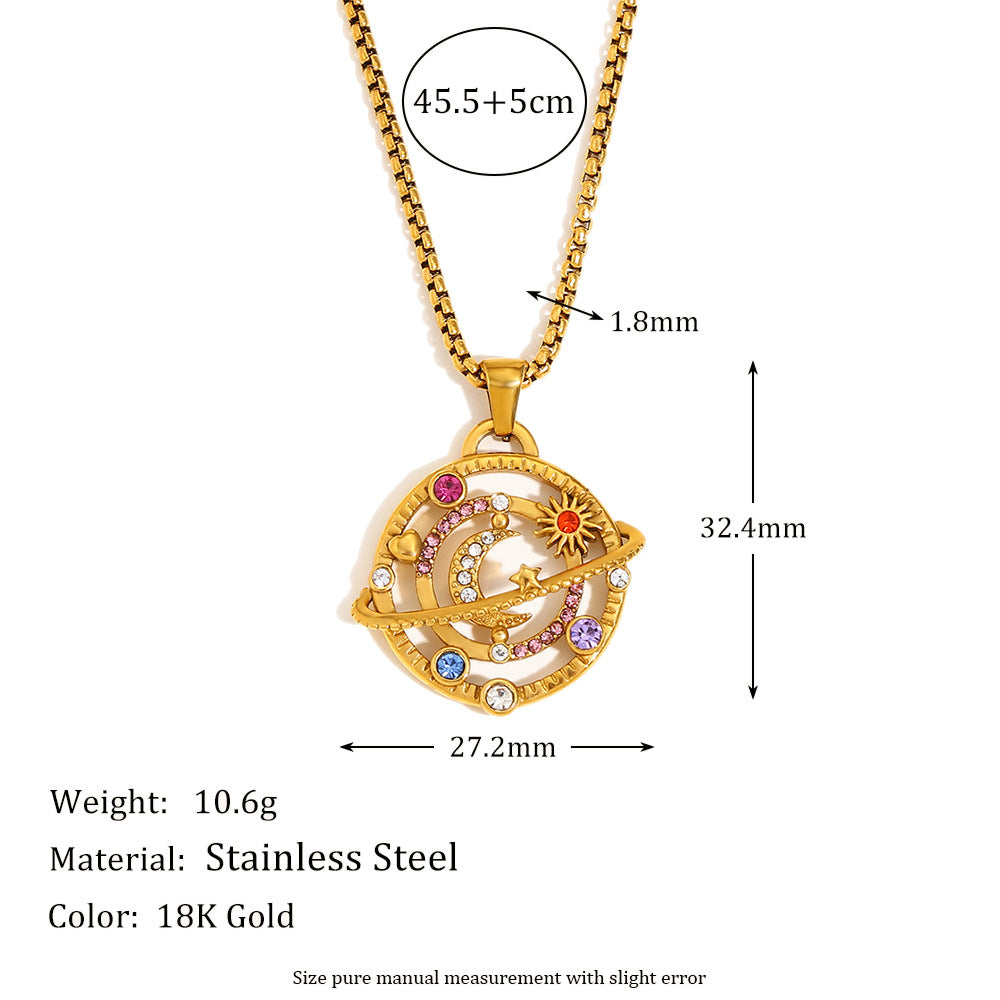Minimalist Geometric Compass Pendant Necklace for Women in Stainless Steel with 18K Gold Plating and Colorful Rhinestones