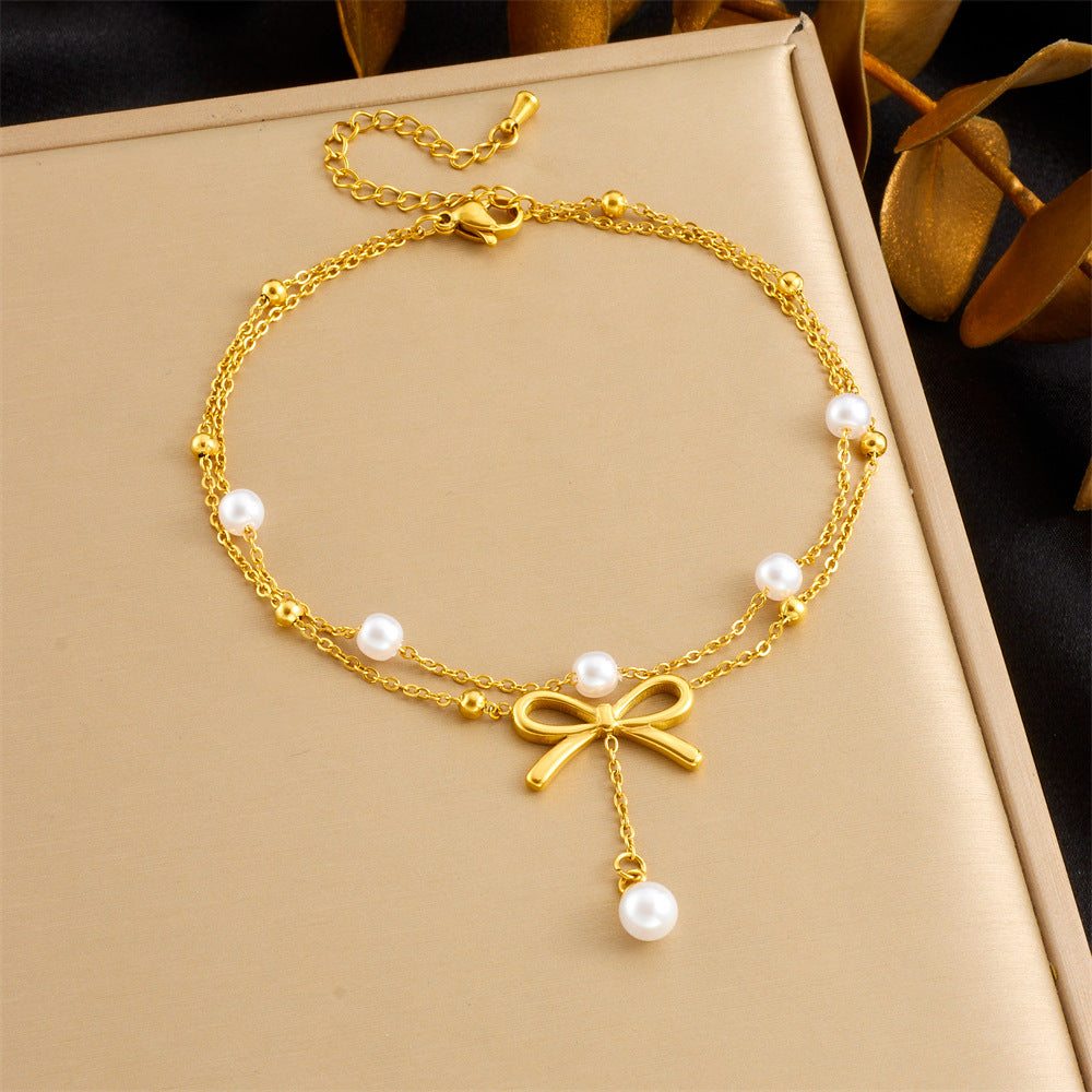 Elegant Stainless Steel Bow Cloud Star Moon Pearl Shell Tassel Anklet for Women