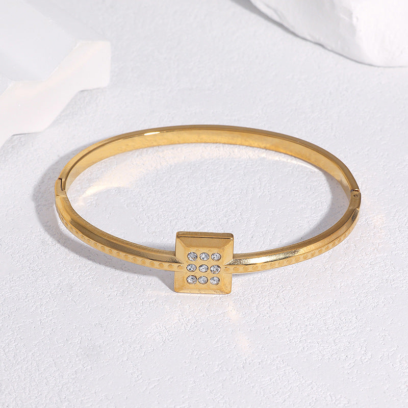 Minimalist Elegant Gold Plated Geometric Square Stainless Steel Bracelet with Rhinestone