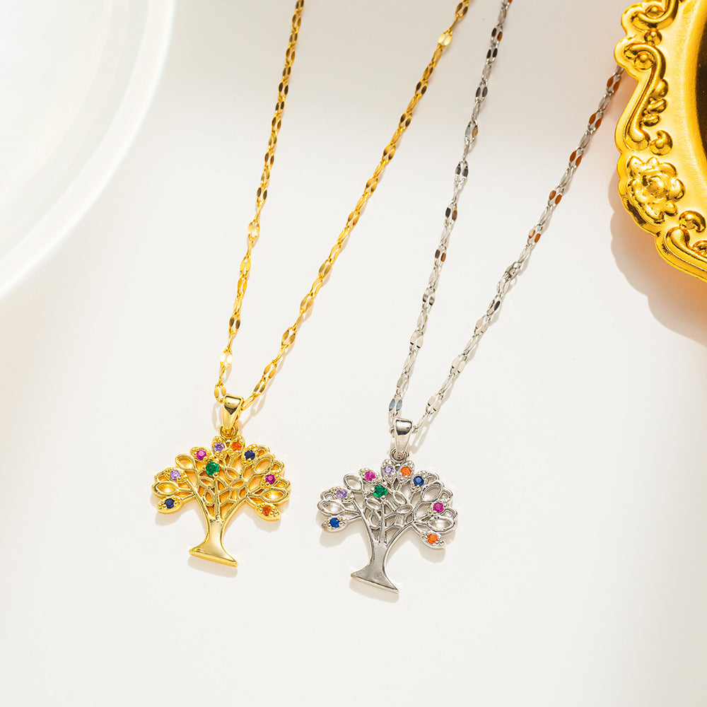 Collana con ciondolo Albero della Vita Natural Style da donna in acciaio al titanio con zirconi cubici micro-incastonati su catena ondulata