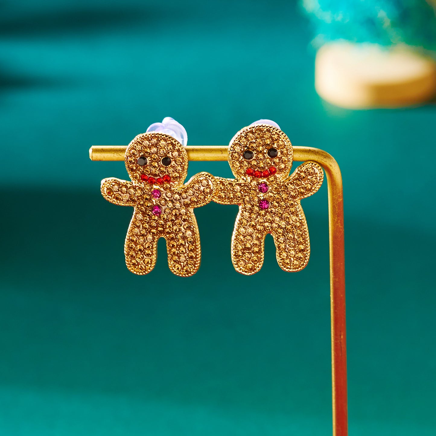 Pendientes de jengibre navideños para mujer, de aleación con incrustaciones de pedrería, acabado chapado, estilo festivo y dulce