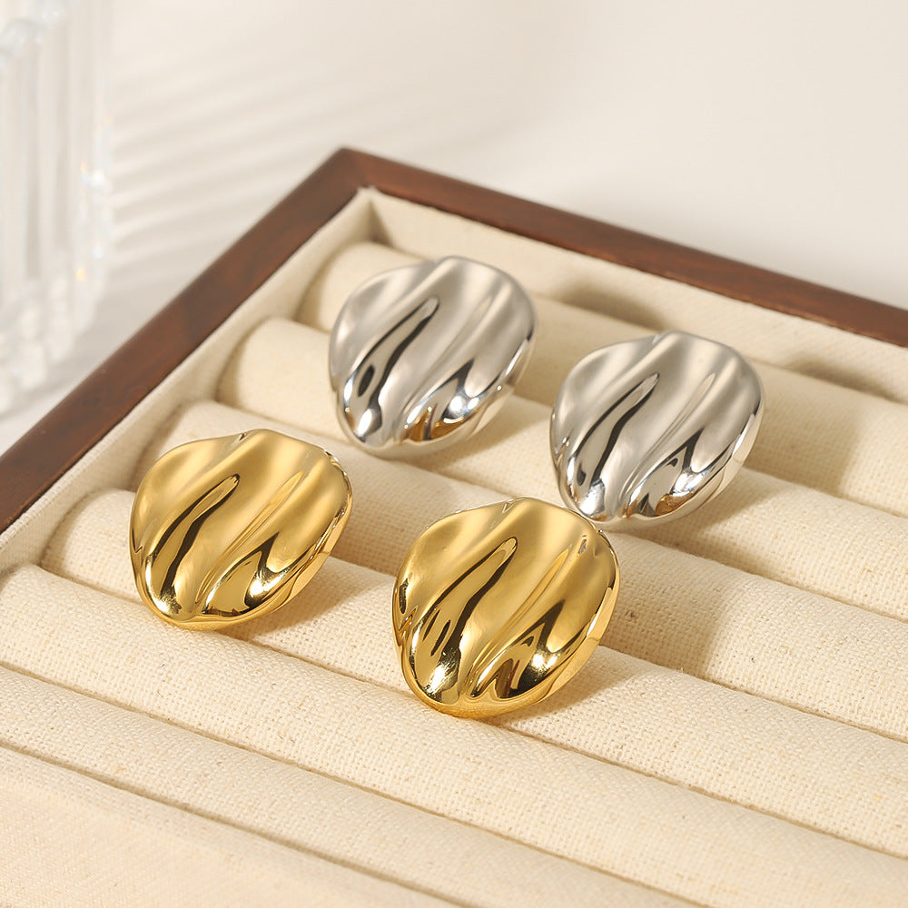 Ins Style Wavy Textured Round Titanium Steel Earrings with Gold Plating for Women