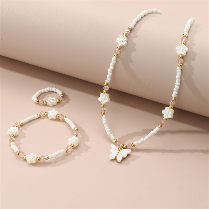 Minimalist Butterfly Pendant Necklace Set for Kids with Resin Beads and Alloy Charm on Ball Chain