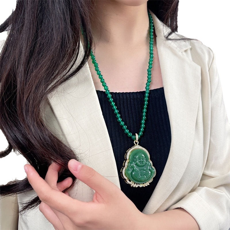 Collana con ciondolo Budda che ride dal design originale con intarsio in agata rossa per donne e uomini, catena lunga a strati per maglione