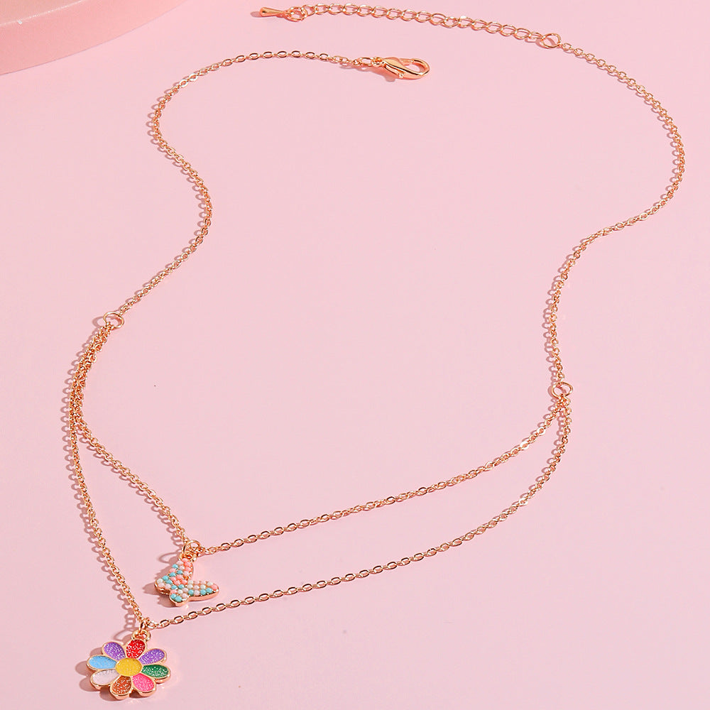 Dulce Collar de Mariposa Floral Estrella Corazón para Niñas, Cadena de Aleación con Acabado Esmaltado, Joyería de Verano Multicapa