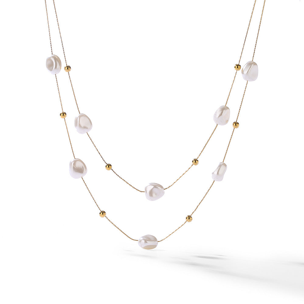 Minimalist Baroque Pearl Layered Necklace for Women with Titanium Steel Chain and Geometric Pendant