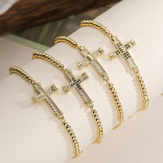 Vintage Minimalist 18K Gold Plated Brass Geometric Cross Cubic Zirconia Inlay Bracelet for Women