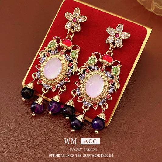 Vintage Geometric Floral Tassel Earrings with Rhinestone Inlay in Alloy with Stainless Steel Posts for Women