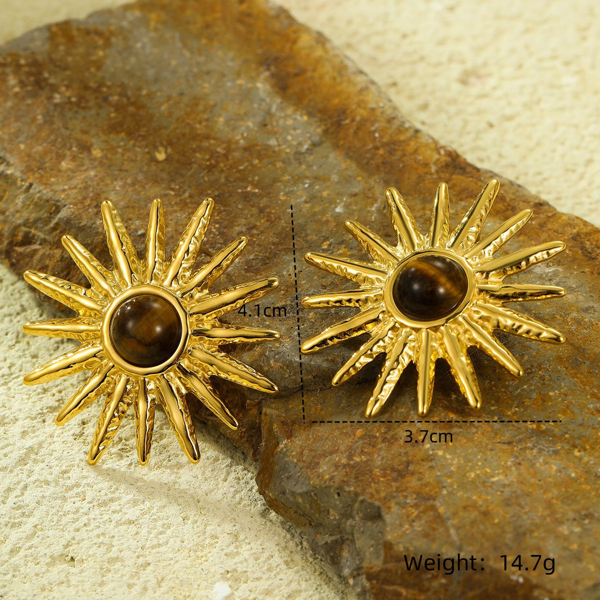 Pendientes de acero inoxidable en forma de girasol, estilo francés vintage, con piedra natural de ojo de tigre, diseño minimalista
