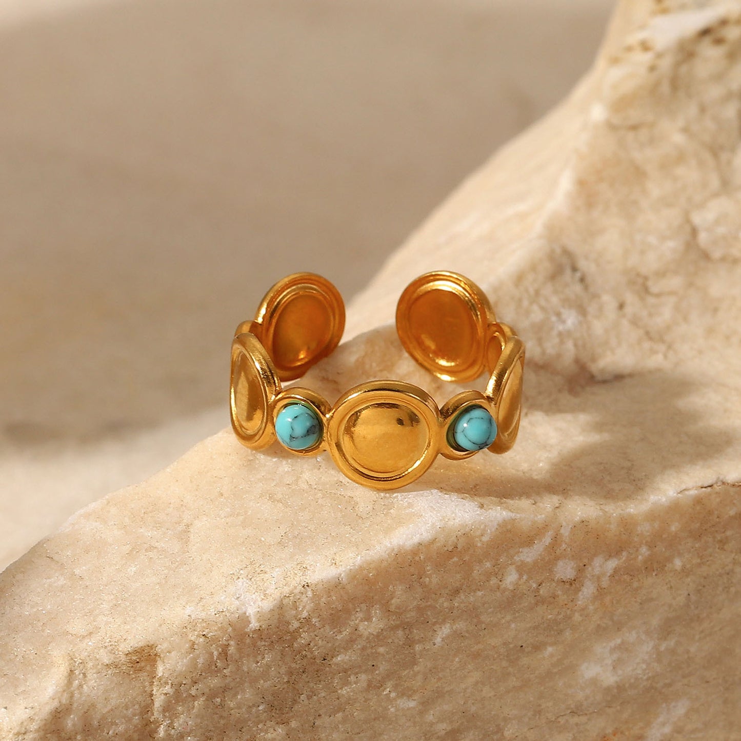 Anillo de acero inoxidable geométrico bohemio con incrustaciones de turquesa natural para mujer