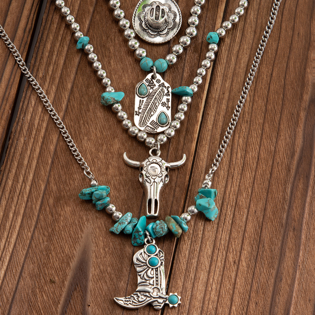 Collana da Donna Punk Geometrica Rotonda con Intarsio Turchese Placcata in Lega Multistrato