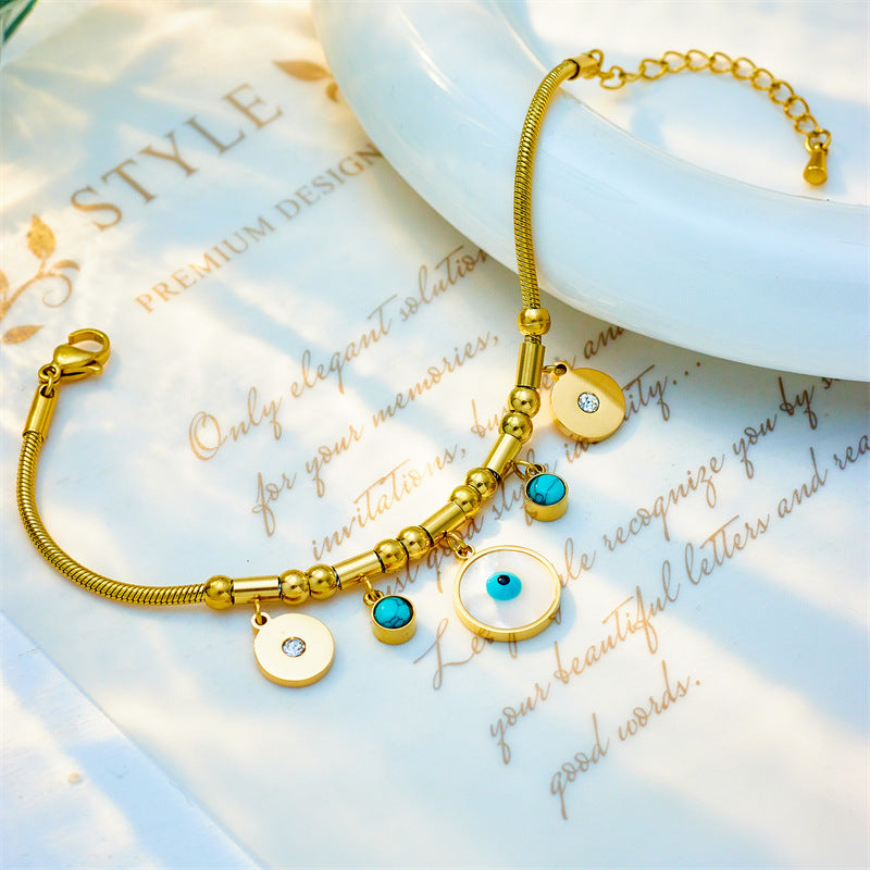 Vintage Style Round Blue-Eye Turquoise Pendant on Titanium Steel Plated Bracelet for Women