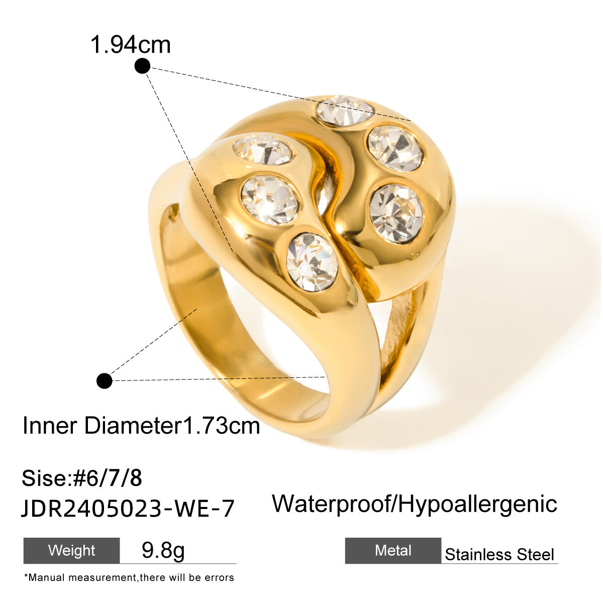 Anello Geometrico da Donna in Acciaio Inossidabile e Acciaio al Titanio con Intarsio di Strass, Placcato, Accessorio di Moda Lussuoso e Minimalista
