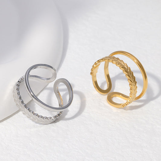 Minimalist Leaf-Shaped Stainless Steel Open Ring for Women with Plated Finish