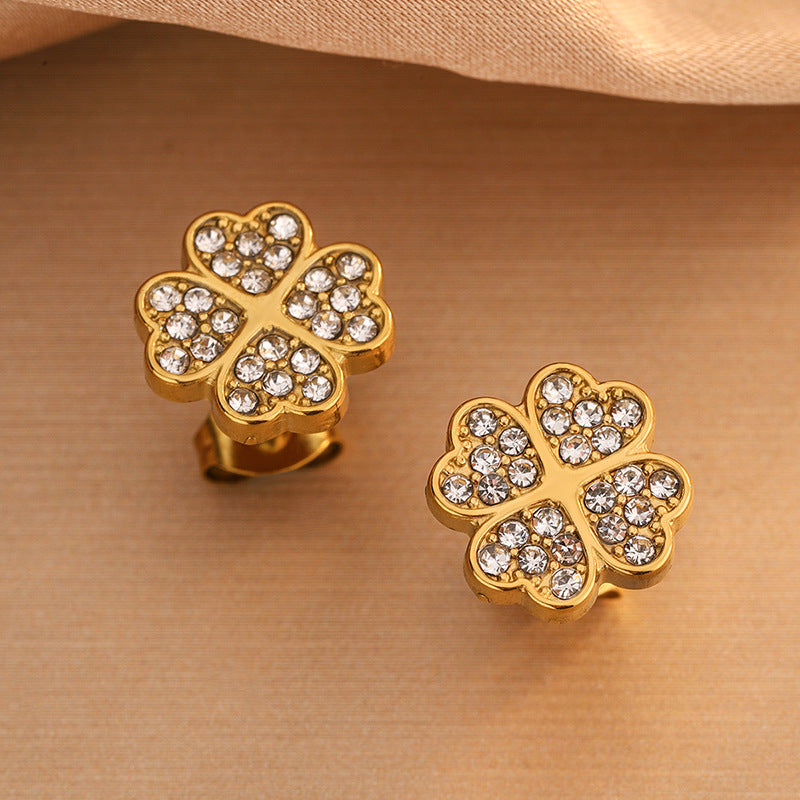 Elegant Four-Leaf Clover Rhinestone Inlay Stainless Steel Necklace Bracelet Earring Set for Women