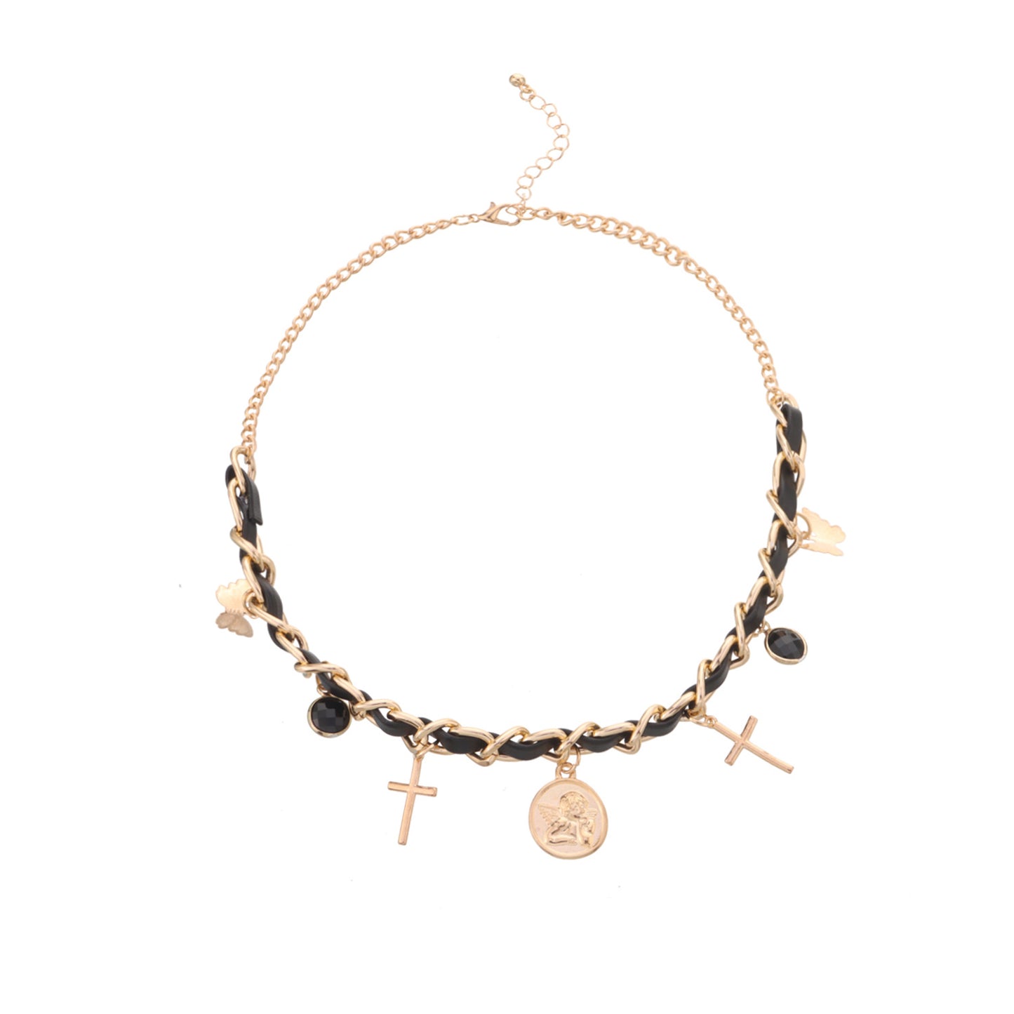 Collana con Pendente Geometrico Tondo Angelo da Donna con Motivi a Croce e Farfalla, Catena in Lega, Finitura Galvanizzata