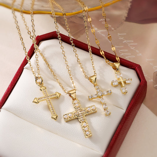 Collar con colgante de cruz geométrica minimalista para mujer, con base de cobre bañada en oro de 18K e incrustaciones de circonitas