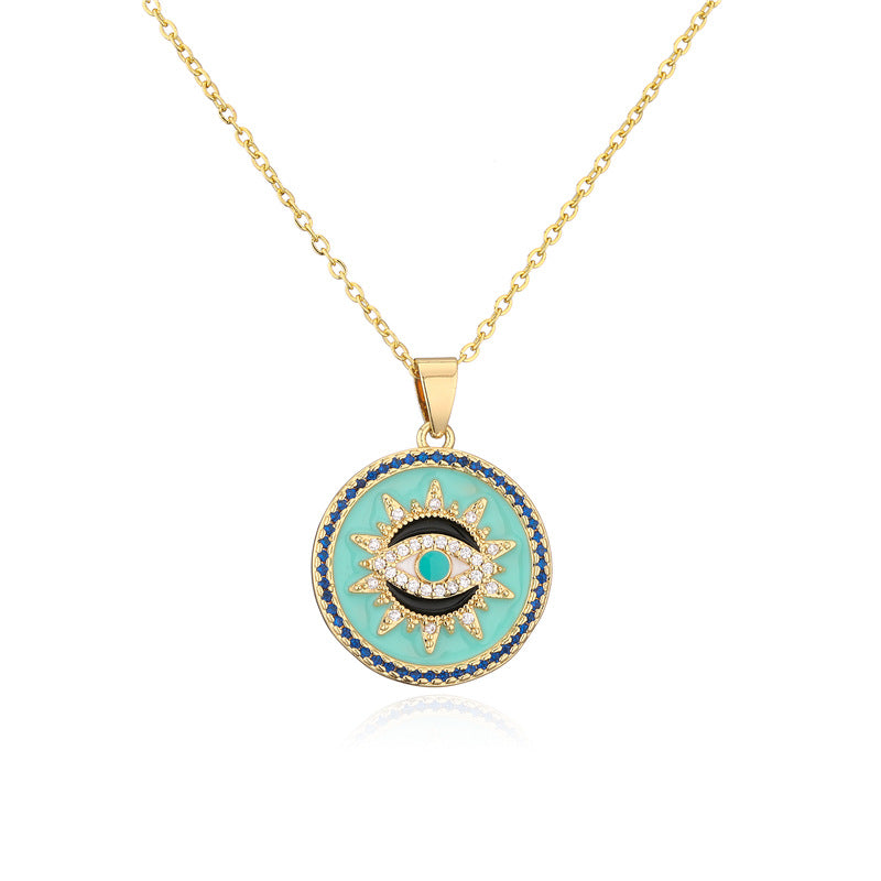 Geometric Brass Drip Oil Inlaid Cubic Zirconia Evil Eye Pendant Necklace with Cable Chain