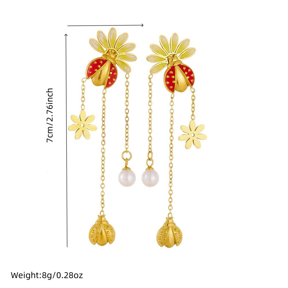 Cute Cartoon Ladybug Drip Oil Yellow White Gradient Pearl Tassel Necklace and Earring Set for Women