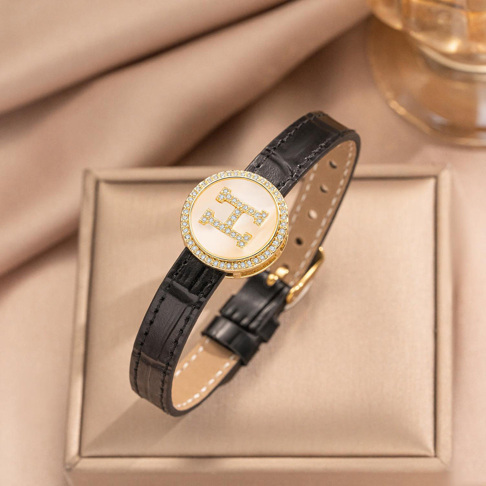 Pulsera de puño redonda chapada en oro de acero inoxidable minimalista con correa de cuero genuino para hombres y mujeres