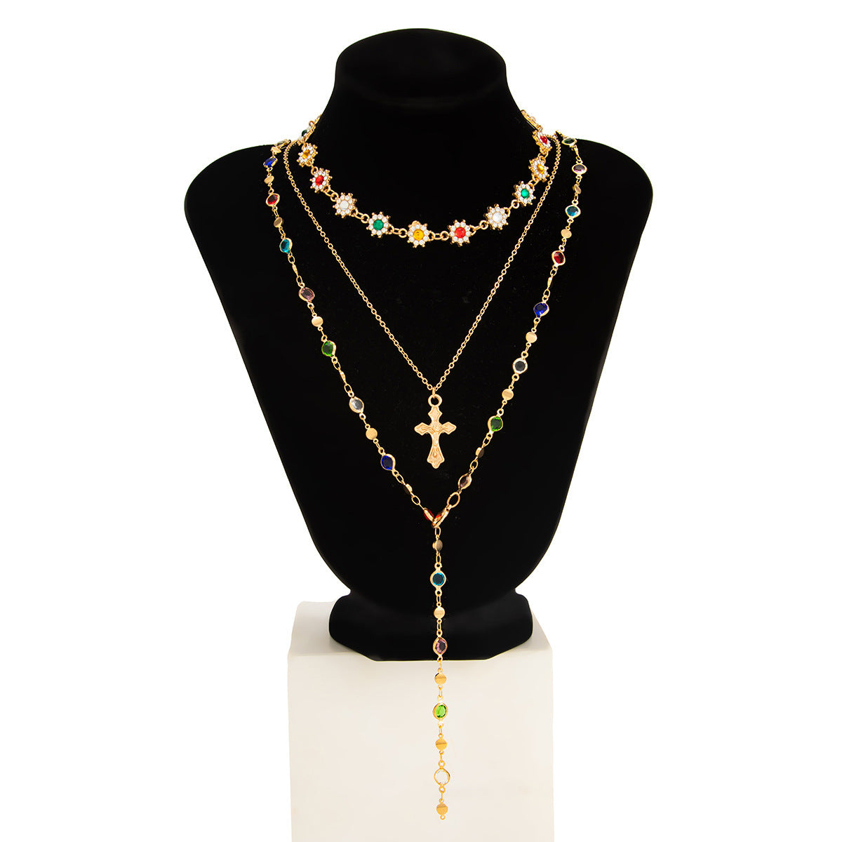 Collar casual chapado en aleación con diseño floral geométrico de corazón y cruz, con incrustaciones de cristal y estrás para mujer