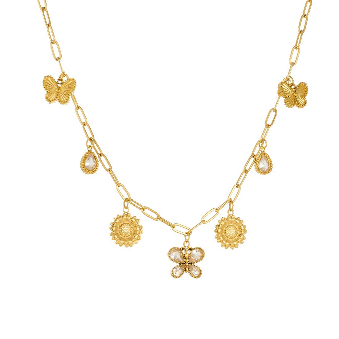 Gold Plated Stainless Steel Butterfly Sunflower Teardrop Pendant Necklace with Rhinestone Inlay and Curb Chain for Women
