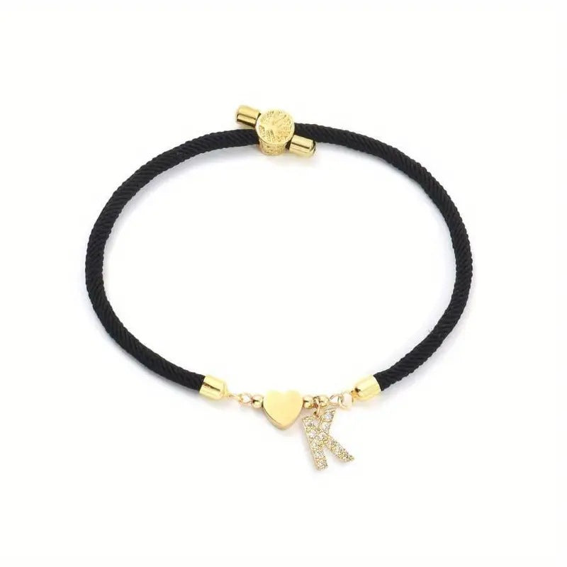 Minimalist Letter Heart Brass Plated Cubic Zirconia Bracelet with Adjustable Black Cord for Women