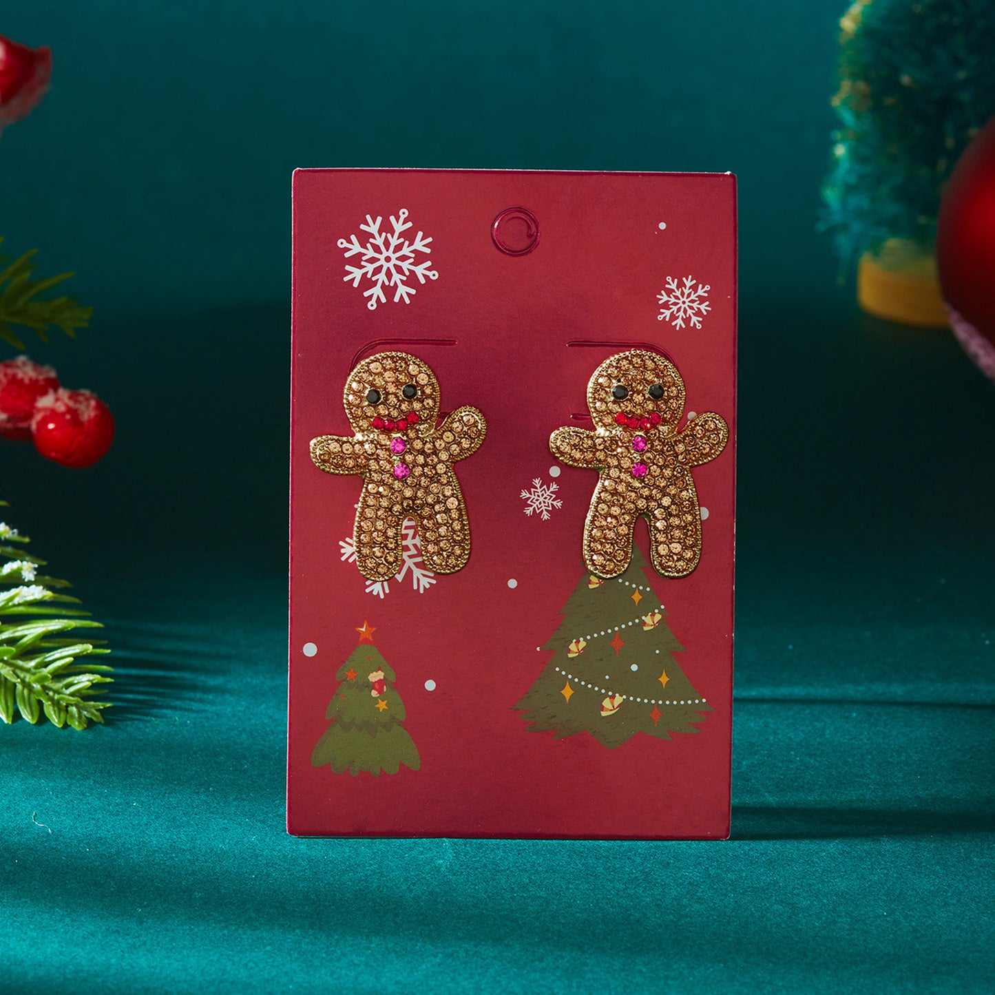Pendientes de jengibre navideños para mujer, de aleación con incrustaciones de pedrería, acabado chapado, estilo festivo y dulce