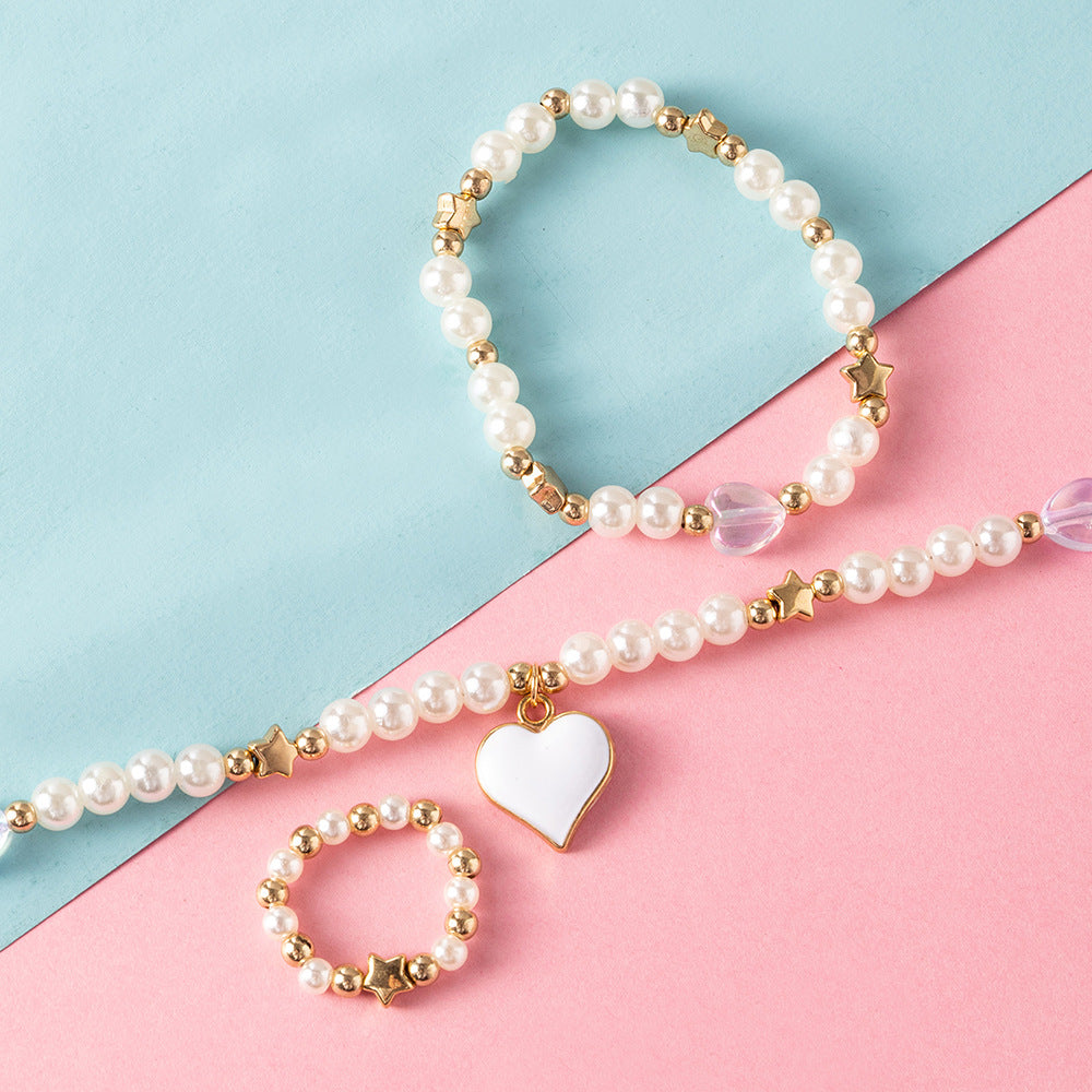 Set di Collane con Pendente a Cuore e Stella con Perline di Vetro per Ragazze, Inclusi Collana, Anello e Braccialetto