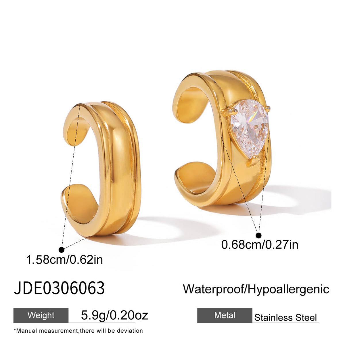 Pendientes de clip de acero inoxidable geométricos con pedrería para mujer, joyería de moda de lujo galvanizada