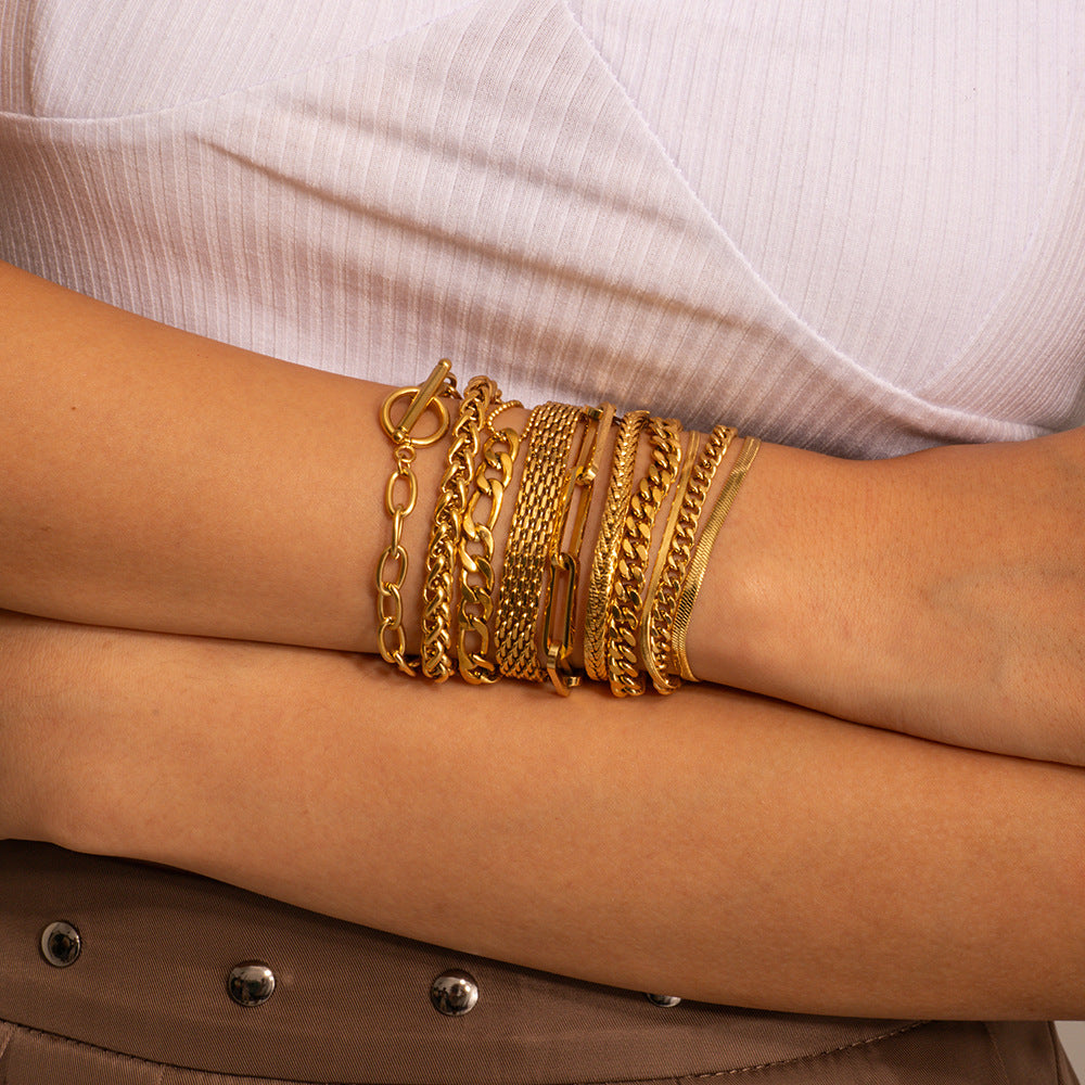 Vintage Geometric Plated Stainless Steel Cuban Link Chain Bracelet for Women