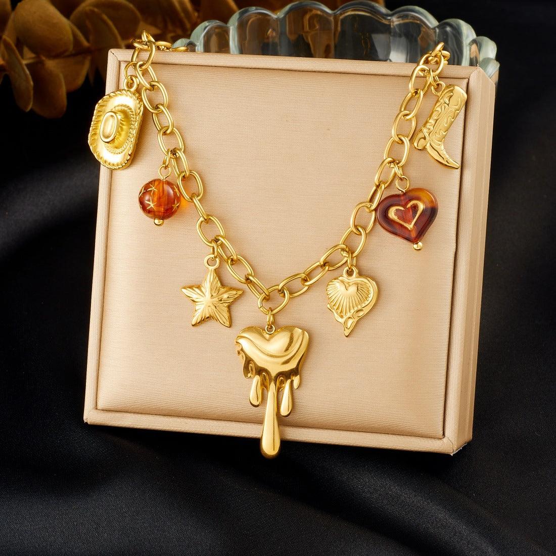 Vintage Gold Plated Stainless Steel Heart and Star Pendant Necklace