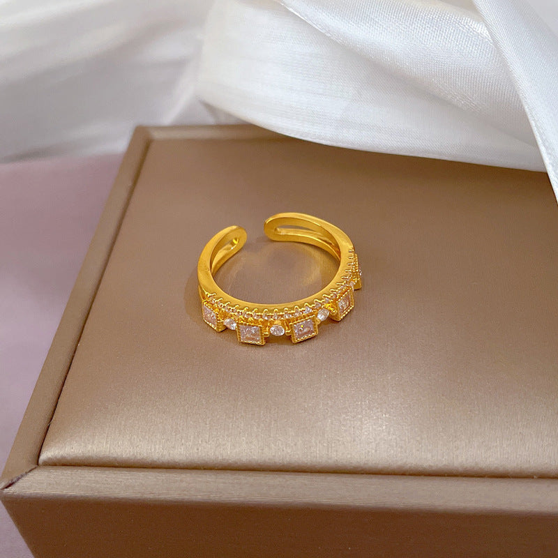 Minimalist Cold-Tone Adjustable Open Ring for Women with Crown Shape Brass Band and Zircon Inlay
