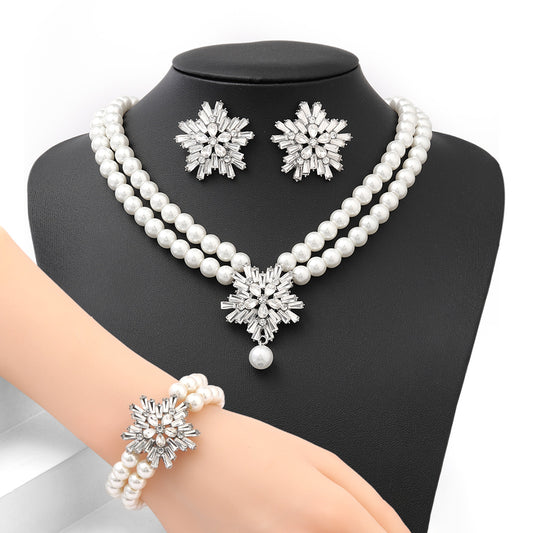 Minimalist Snowflake Pearl Necklace Set with Alloy Pendant and Rhinestone Accents for Women Includes O-Chain Necklace Earrings and Bracelet