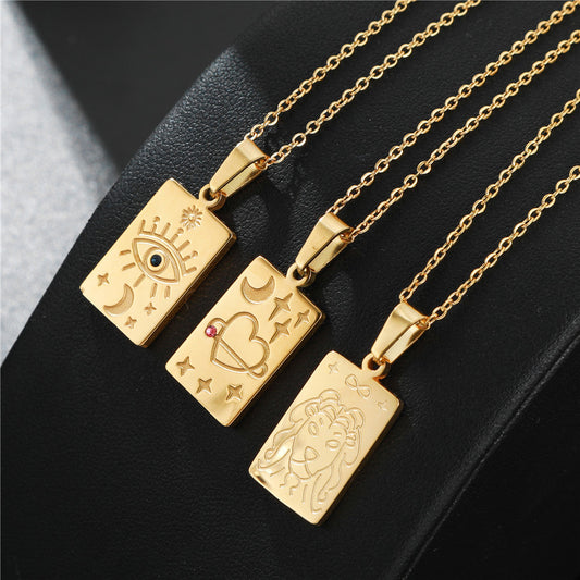 Minimalist Luxury Geometric Tarot Carved Pendant Titanium Steel Necklace Cable Chain