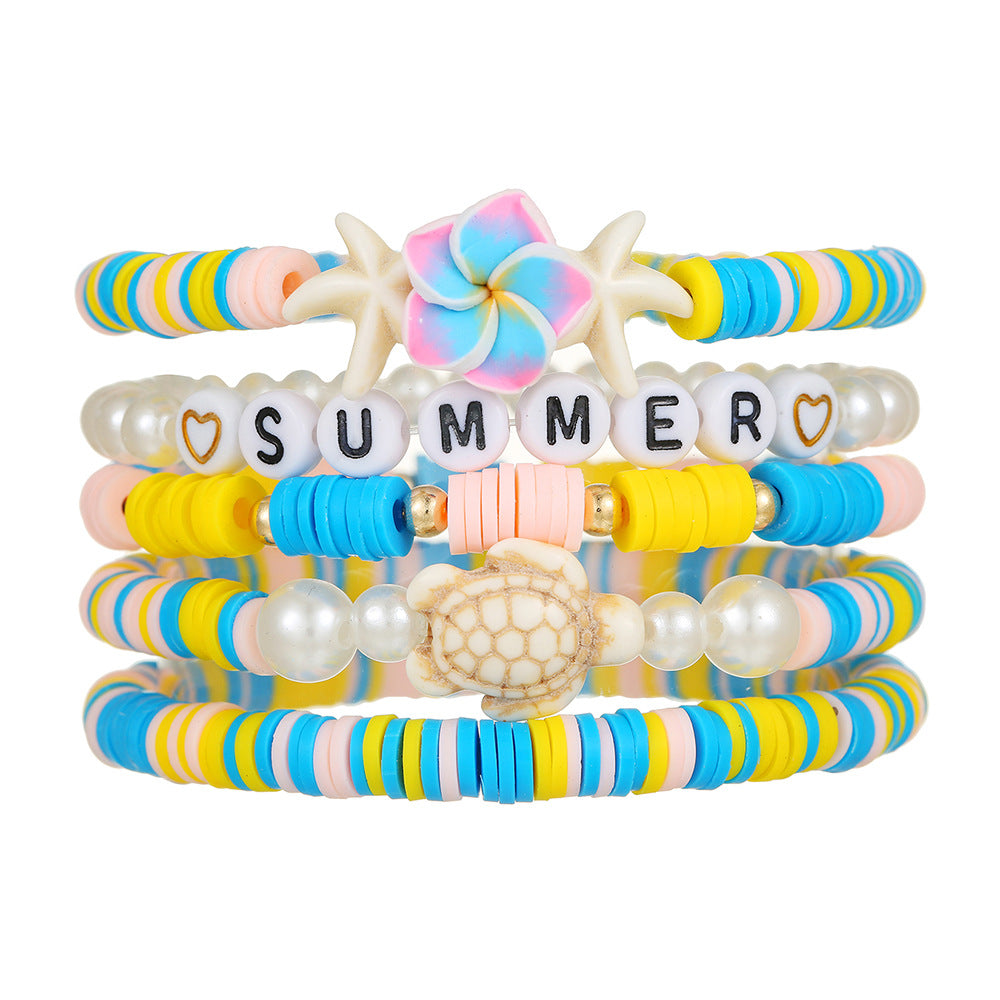 Bohemian Resin Beaded Bracelet with Turquoise Pearl Starfish Turtle and Bow Geometric Design