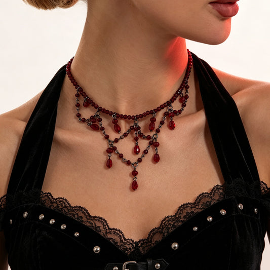 Gothic Red Crystal Teardrop Pendant Drip Oil Tassel Necklace for Women