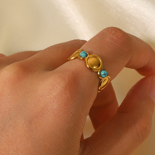 Bohemian Geometric Stainless Steel Ring with Natural Turquoise Inlay for Women